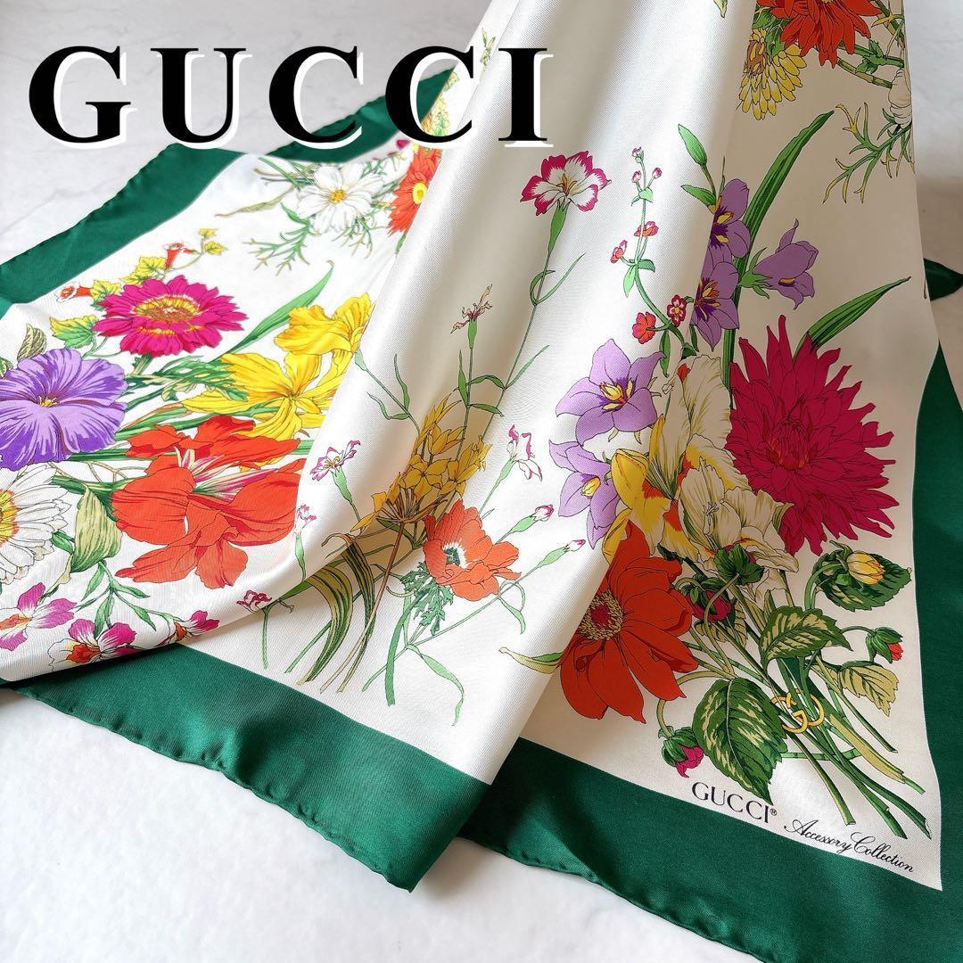 GUCCI フローラ ブーケ柄 大判 シルクスカーフ グリーン