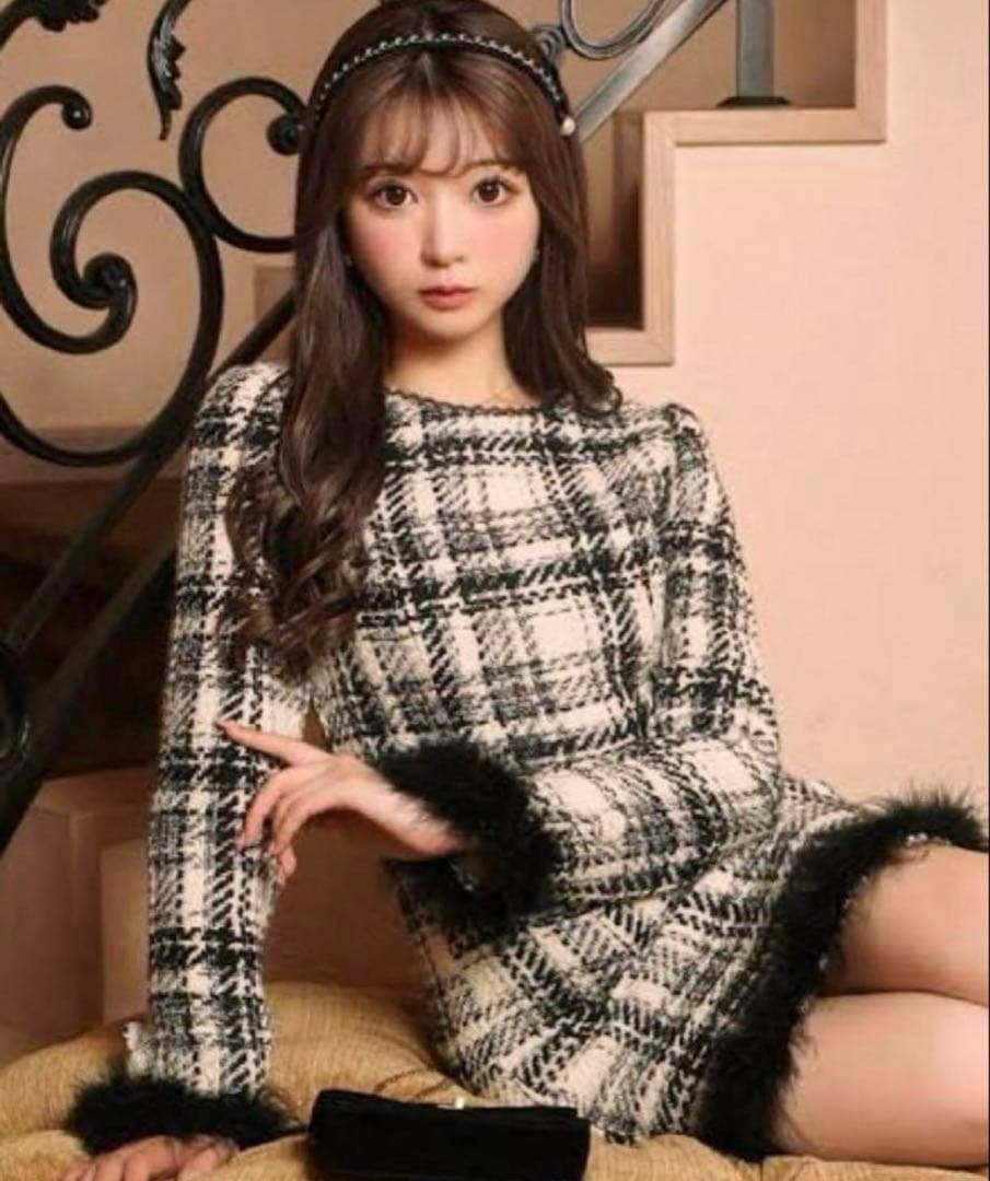 m me eme ロービングチェックフェザーワンピース