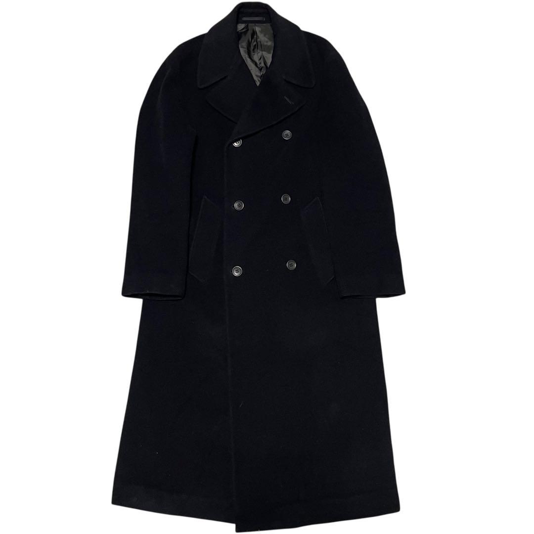 【vintage】ウール100% マキシ丈ダブルチェスターコート ブラック M