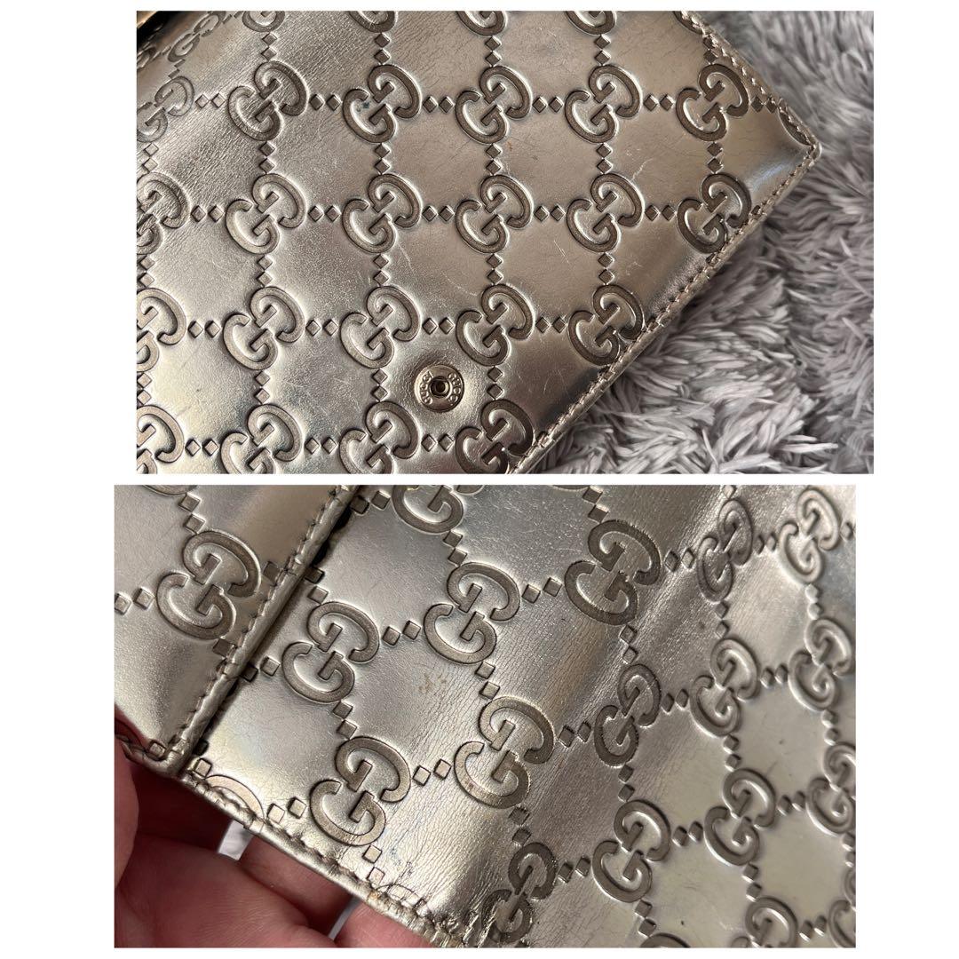 良品✨GUCCI シマ　メタリック　シャンパンゴールド　Wホック　長財布