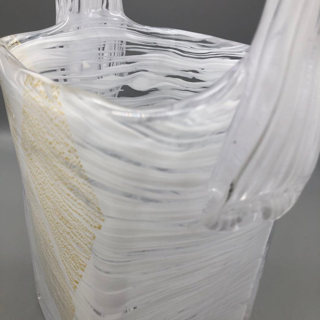 希少岩津ガラスビンテージハンドル付き四角フラワーベース花瓶マーブル金斑点柄