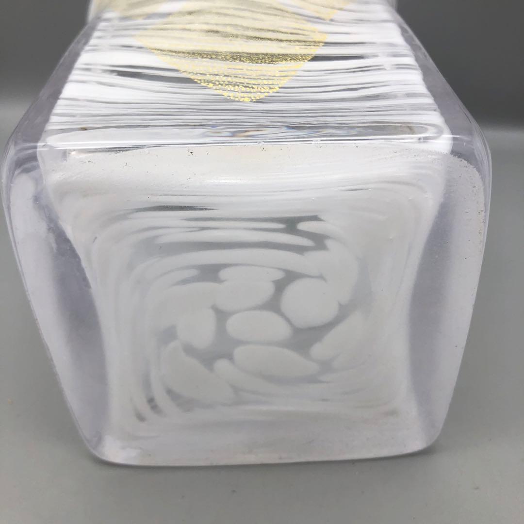 希少岩津ガラスビンテージハンドル付き四角フラワーベース花瓶マーブル金斑点柄