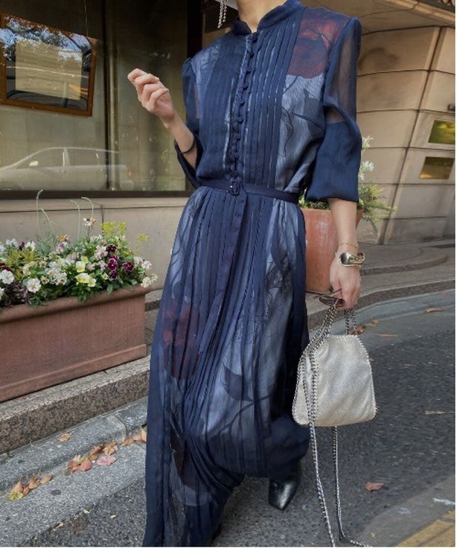 Ameri VINTAGE ELLA VEIL DRESSネイビー　S