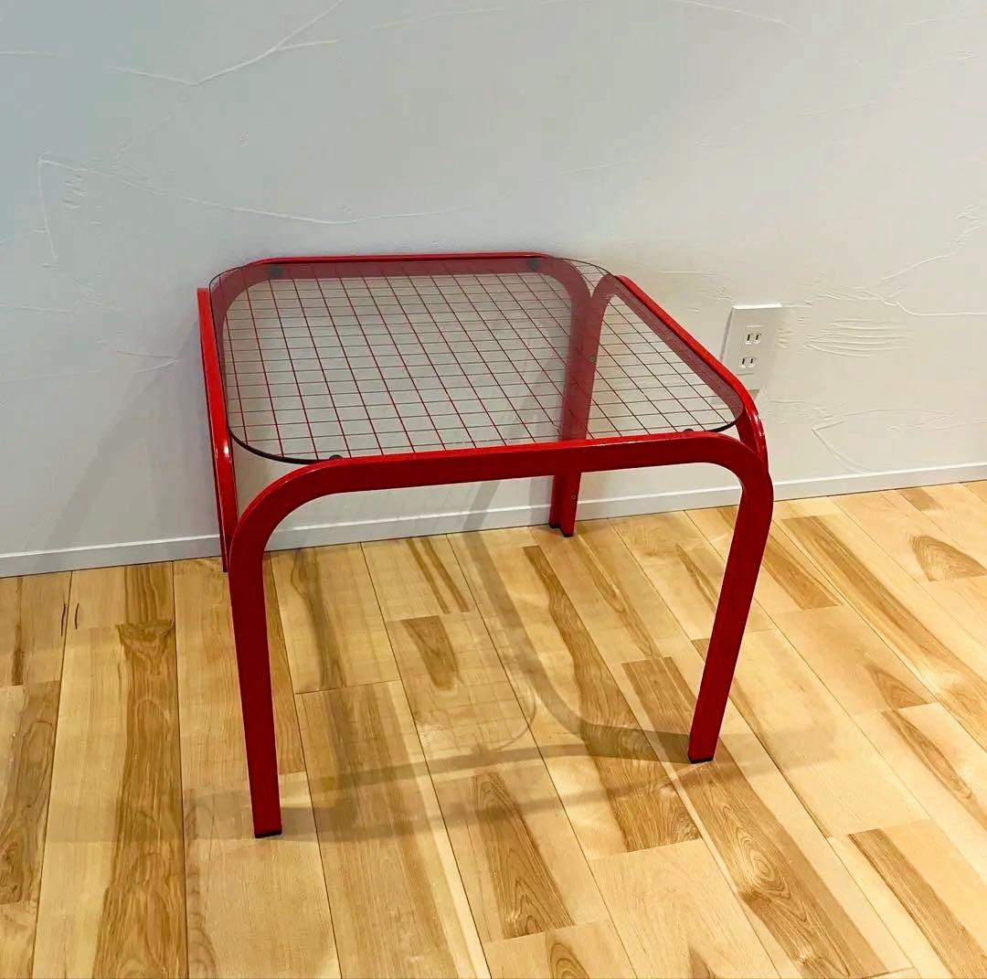 80s レトロポップ　ガラストップ　アイアンテーブルグリッド柄