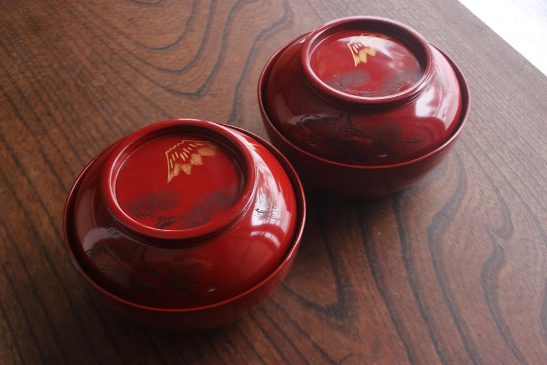 保管傷有！時代朱漆に風情ある富士松沈金の映えるお椀2点（検輪島塗蒔絵椀煮物椀