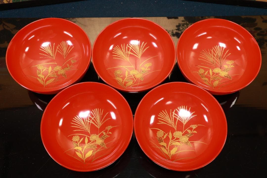 時代輪島塗　草花蒔絵　吸物椀　十客　木製　茶道具　懐石　菓子　BJ134