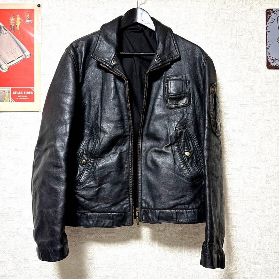 希少　70〜80s フランス軍　レザー　パイロットジャケット　ネイビー　L相当