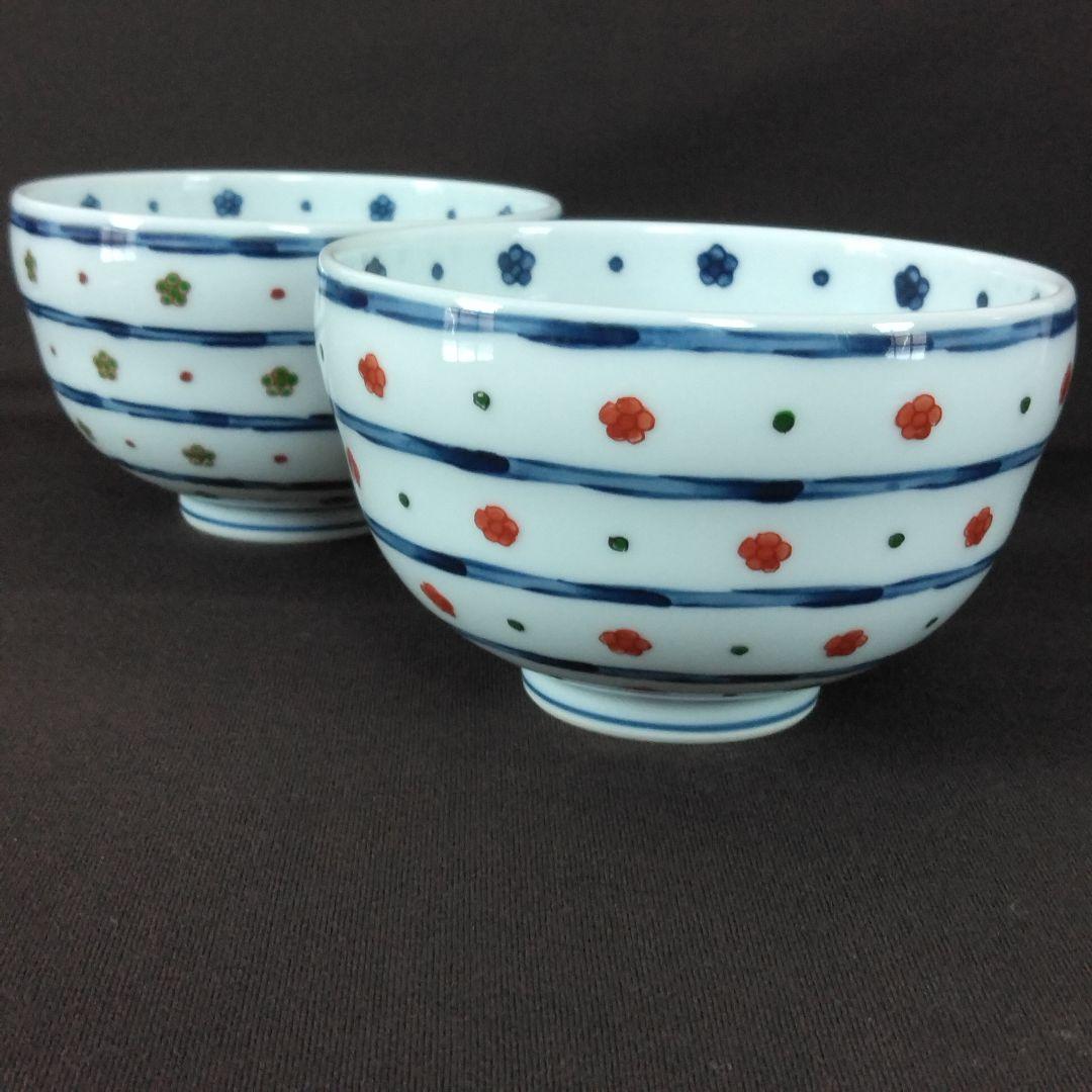 源右衛門窯 染錦緑梅赤梅小紋割 飯碗 2客