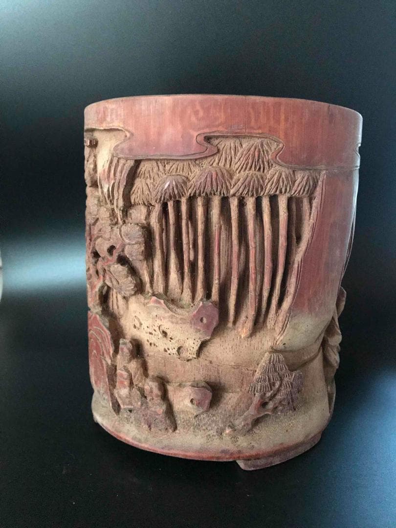 清時代　竹林七仙紋竹筆筒　筆立　筆掛(E-9)