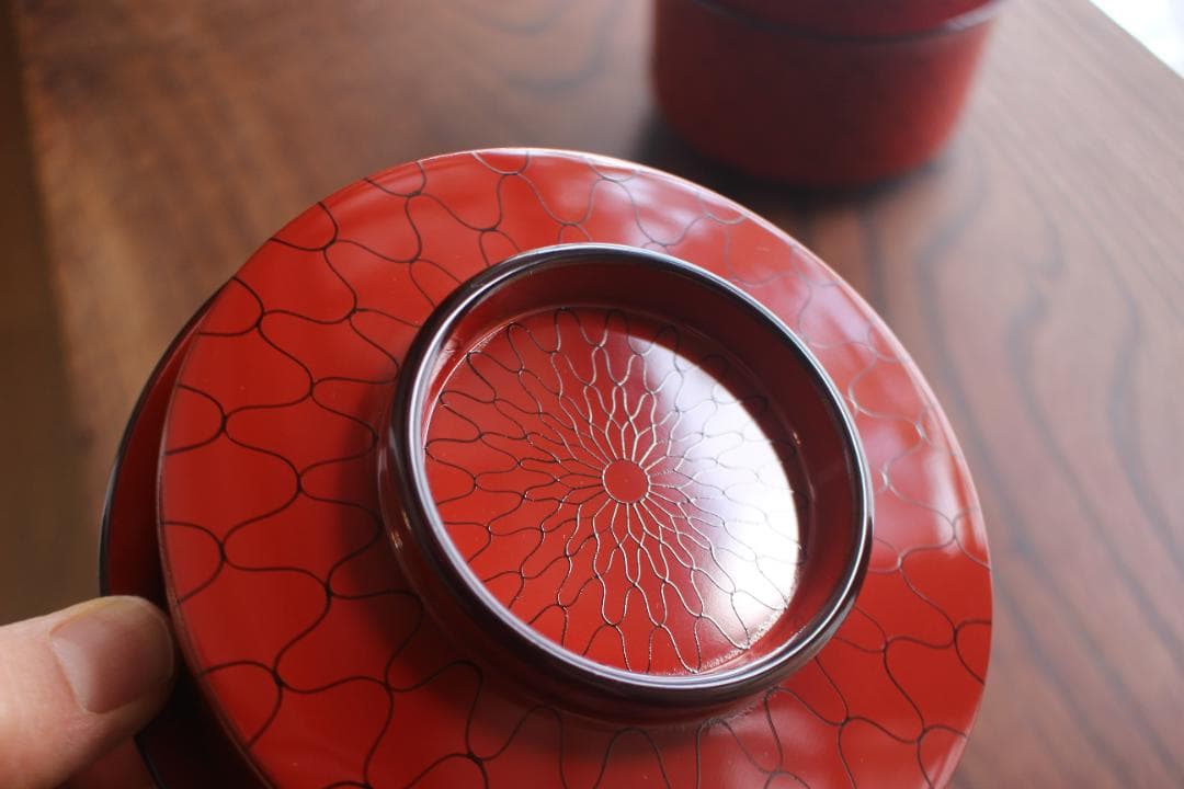 デッドストック！上質朱漆に風情ある網目文の映える筒形大椀2点（検京塗煮物椀