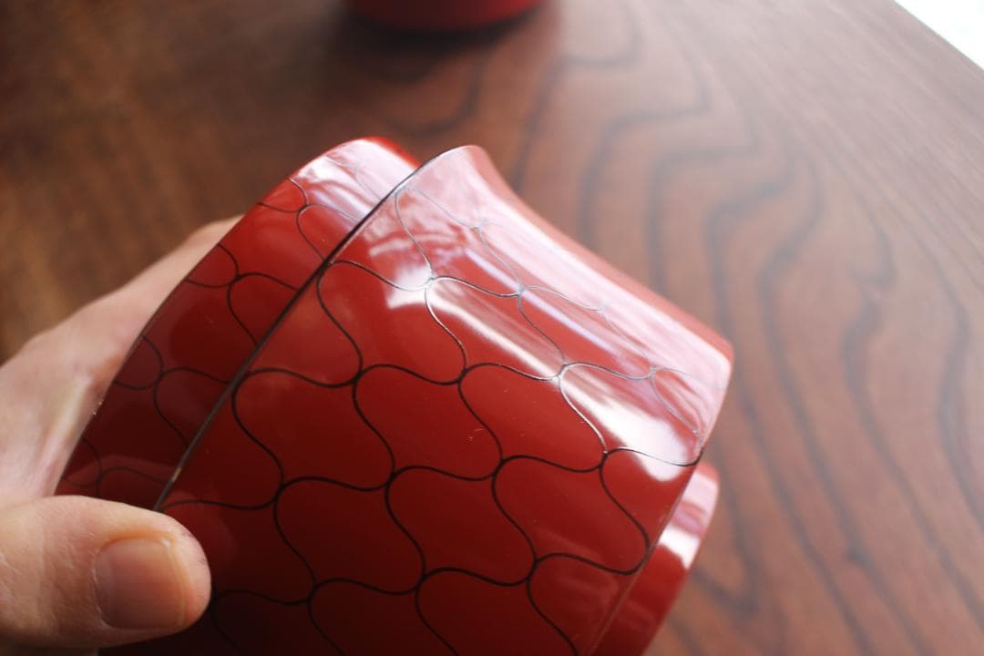 デッドストック！上質朱漆に風情ある網目文の映える筒形大椀2点（検京塗煮物椀