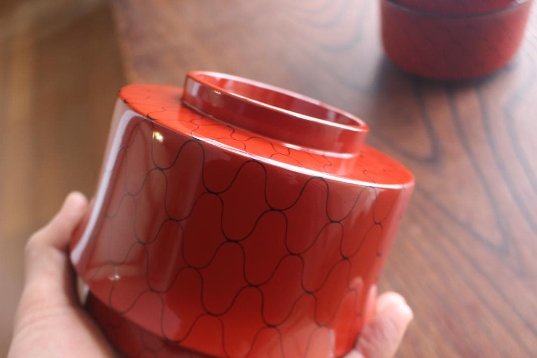 デッドストック！上質朱漆に風情ある網目文の映える筒形大椀2点（検京塗煮物椀