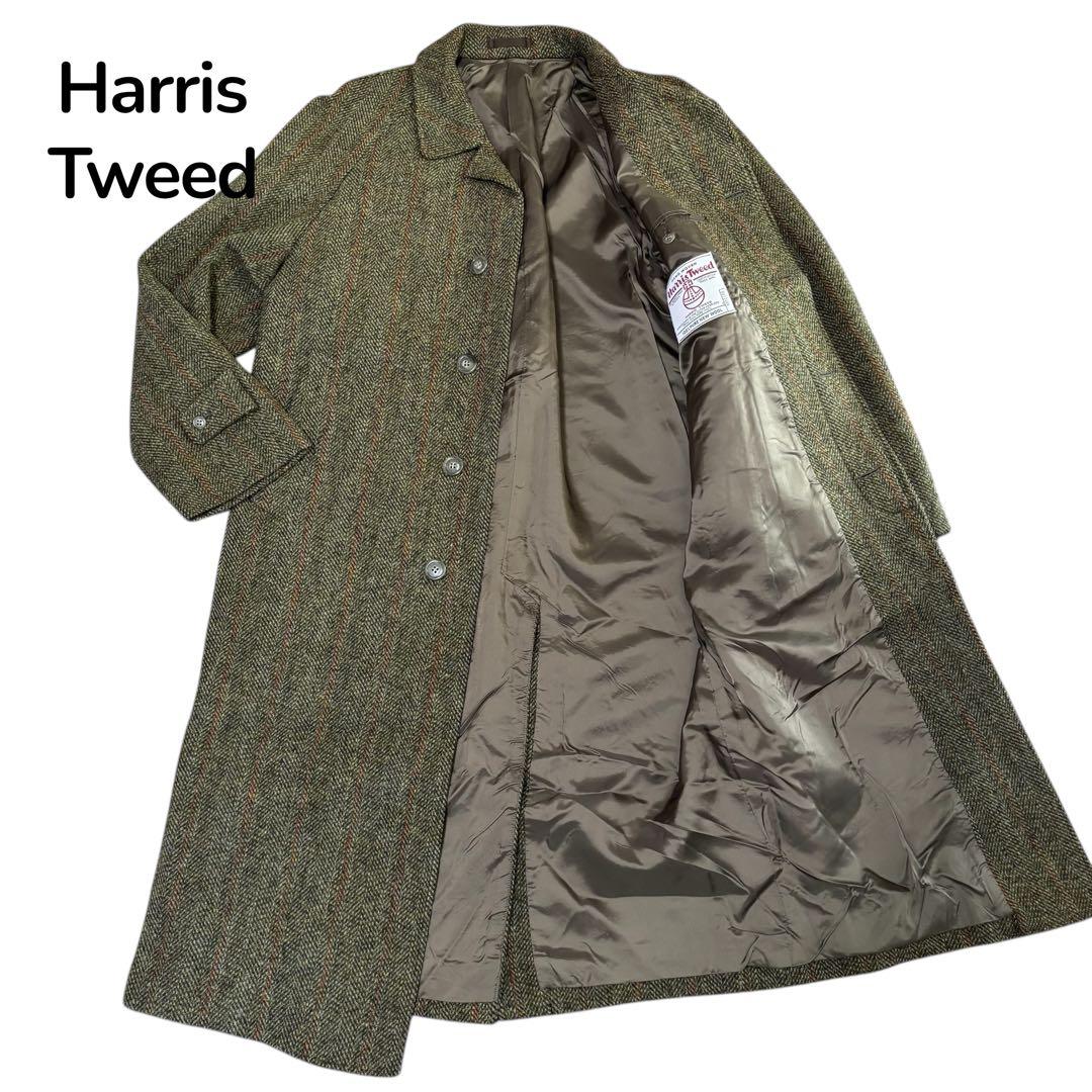 美品☆ハリスツイード　ステンカラーコート　ストライプ　ヘリンボーン　カーキー