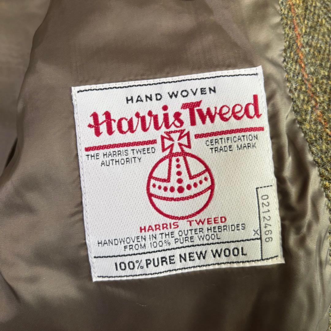 美品☆ハリスツイード　ステンカラーコート　ストライプ　ヘリンボーン　カーキー