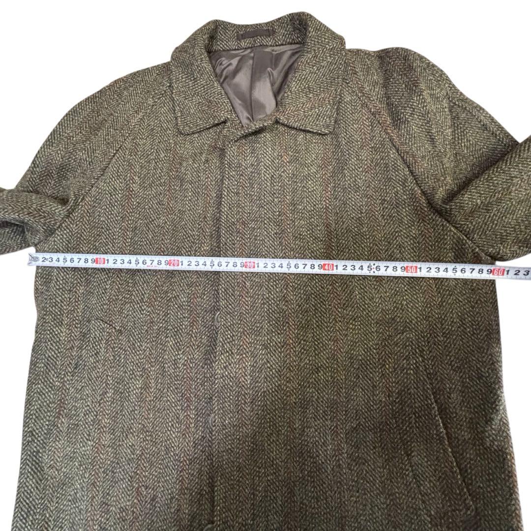 美品☆ハリスツイード　ステンカラーコート　ストライプ　ヘリンボーン　カーキー