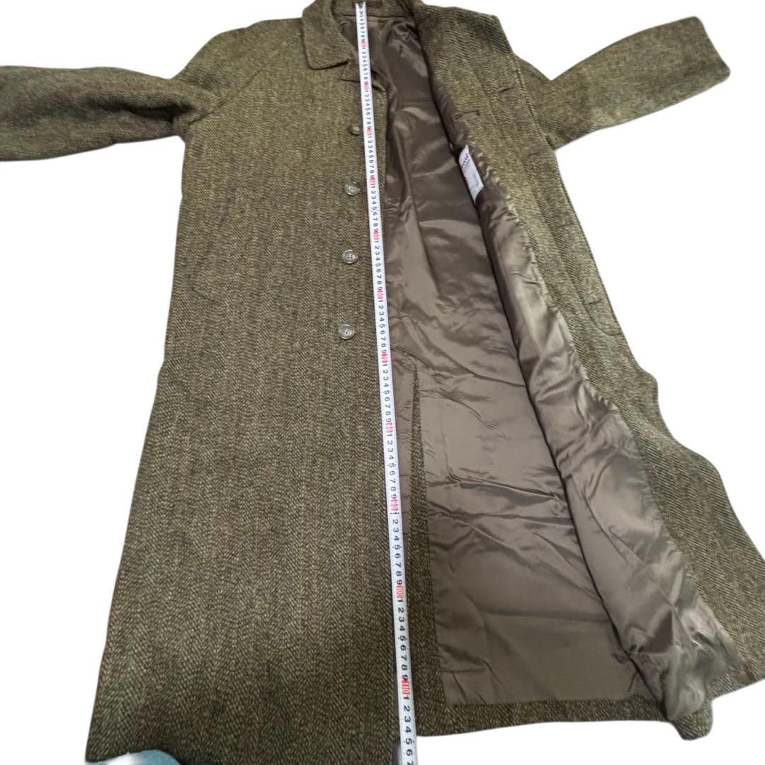 美品☆ハリスツイード　ステンカラーコート　ストライプ　ヘリンボーン　カーキー