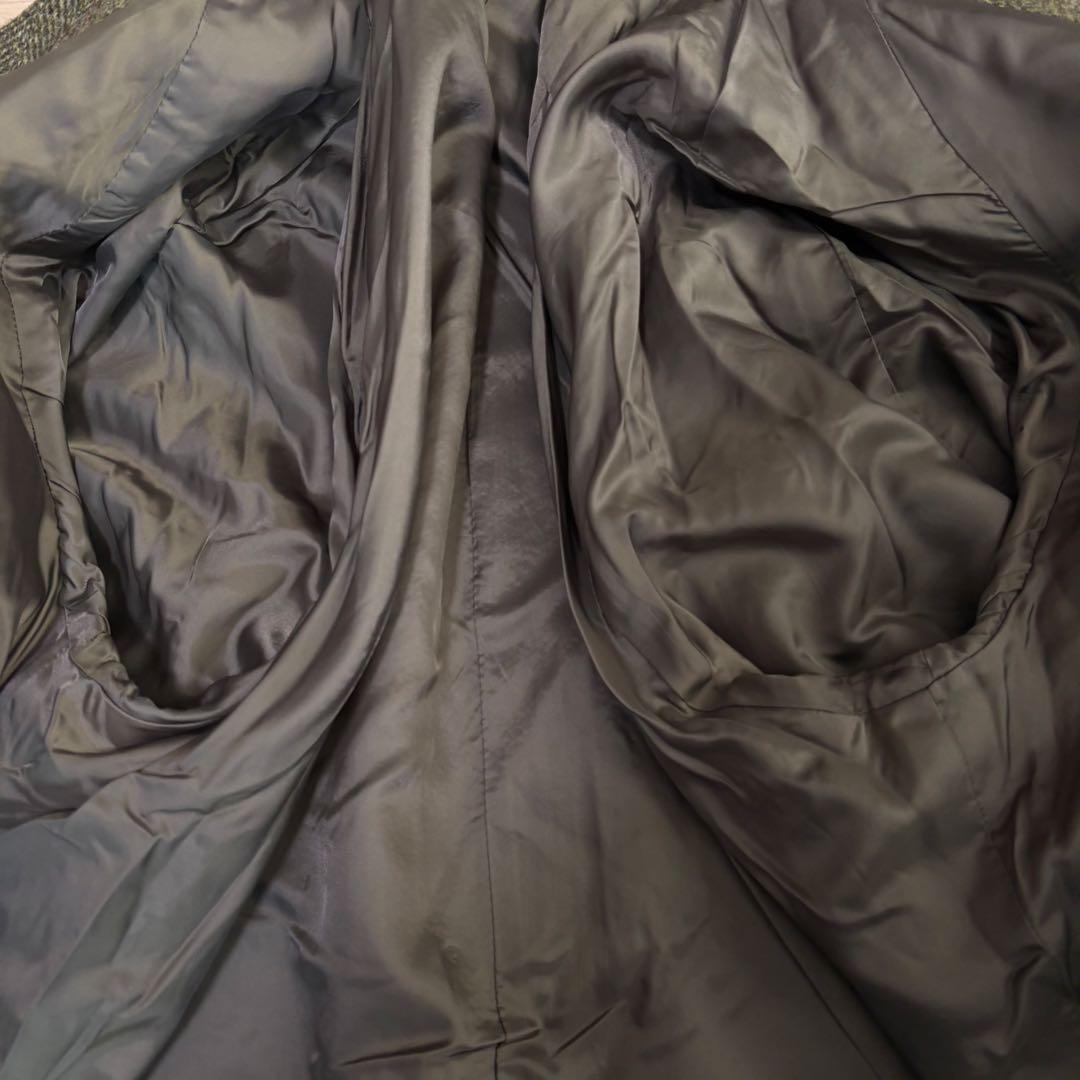 美品☆ハリスツイード　ステンカラーコート　ストライプ　ヘリンボーン　カーキー