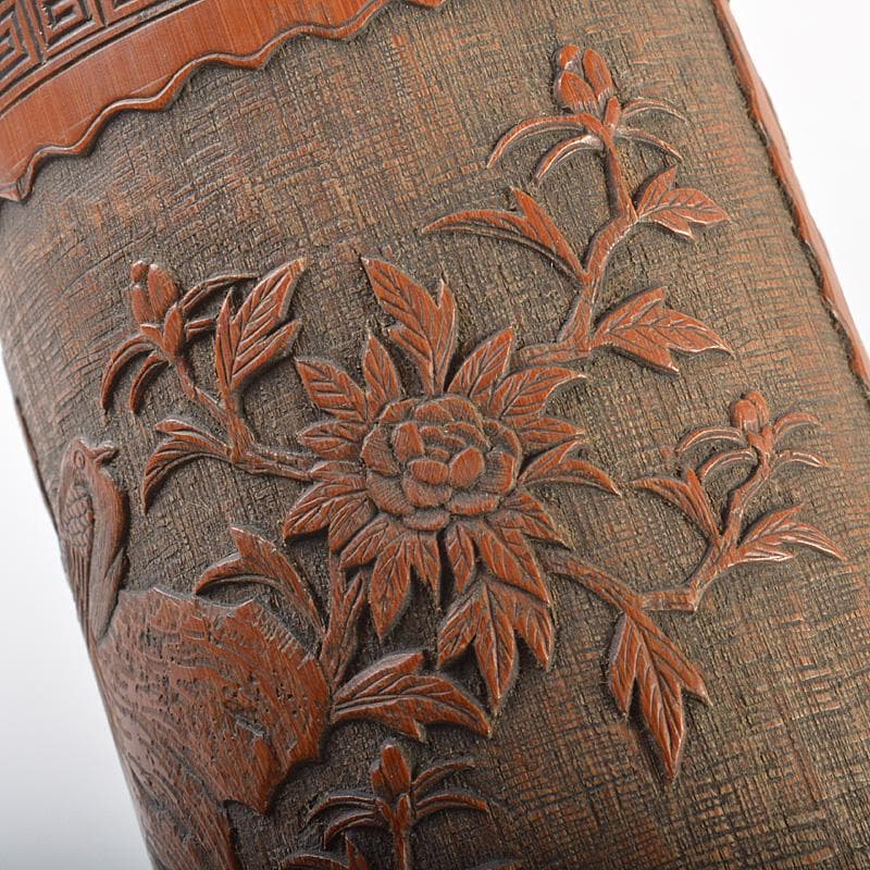 eee 中国　古竹彫刻　神獣桜閣山水文　筆筒　V　R7505