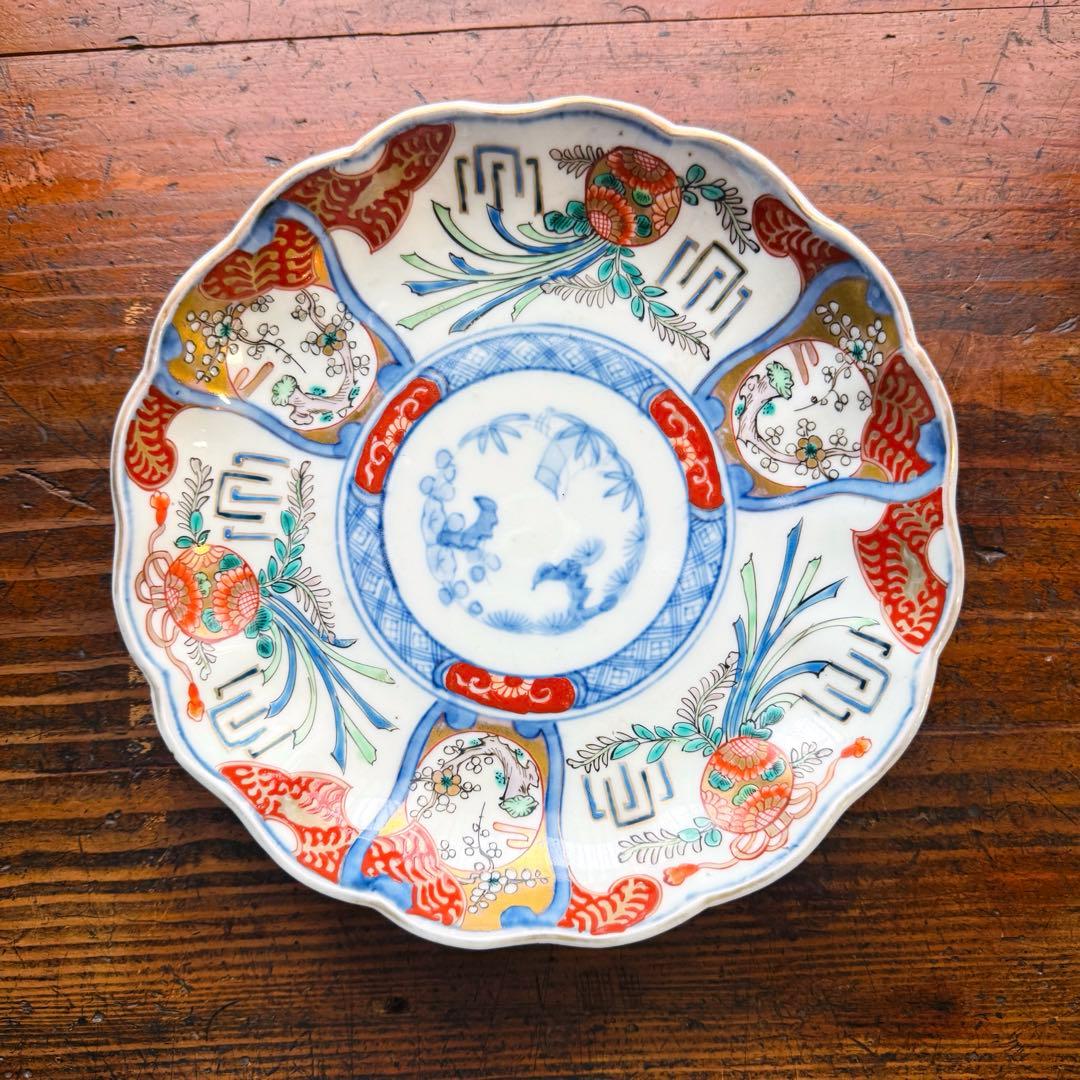 aloha34様用　金彩色絵草花文 一枚 朱塗り吸い物椀2客セット印判皿ニ枚