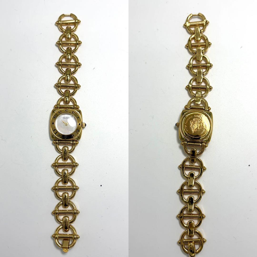 【美品】GUCCI 腕時計 シェル文字盤 6400L バングルウォッチ 金