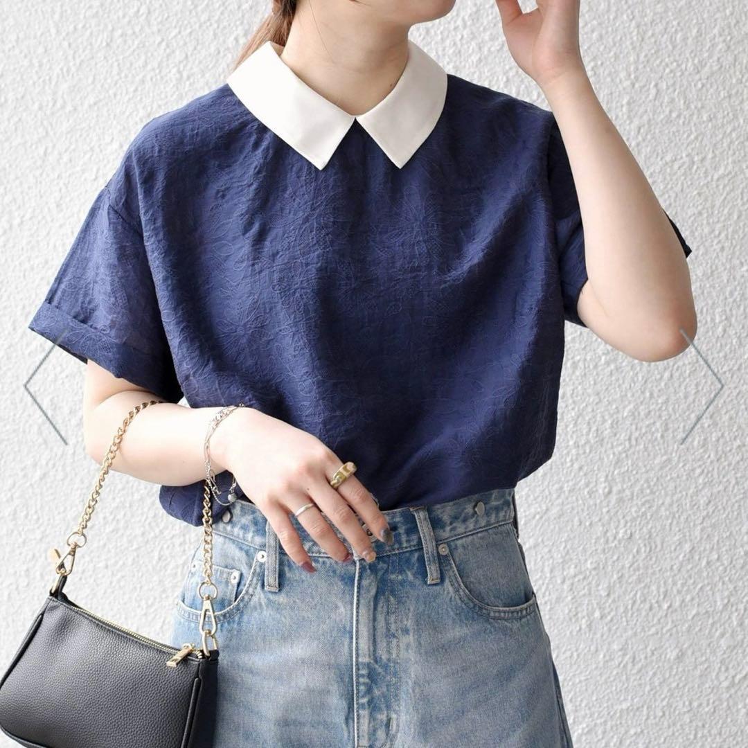 【美品】SHIPS any：フラワージャカードバイカラープルオーバーシャツ