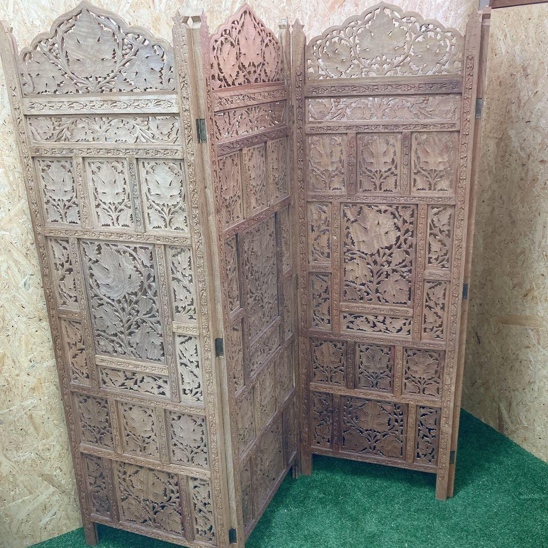 木製　透かし彫り　4連　パーテーション　アジアン家具　ビンテージ