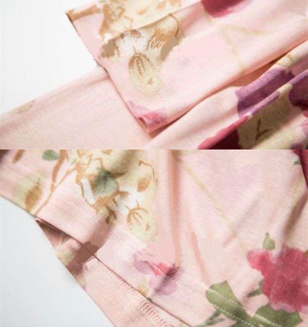 シルク100%絹 美肌保湿　丸首　長袖パジャマ　上下セット　F 花柄ピンク