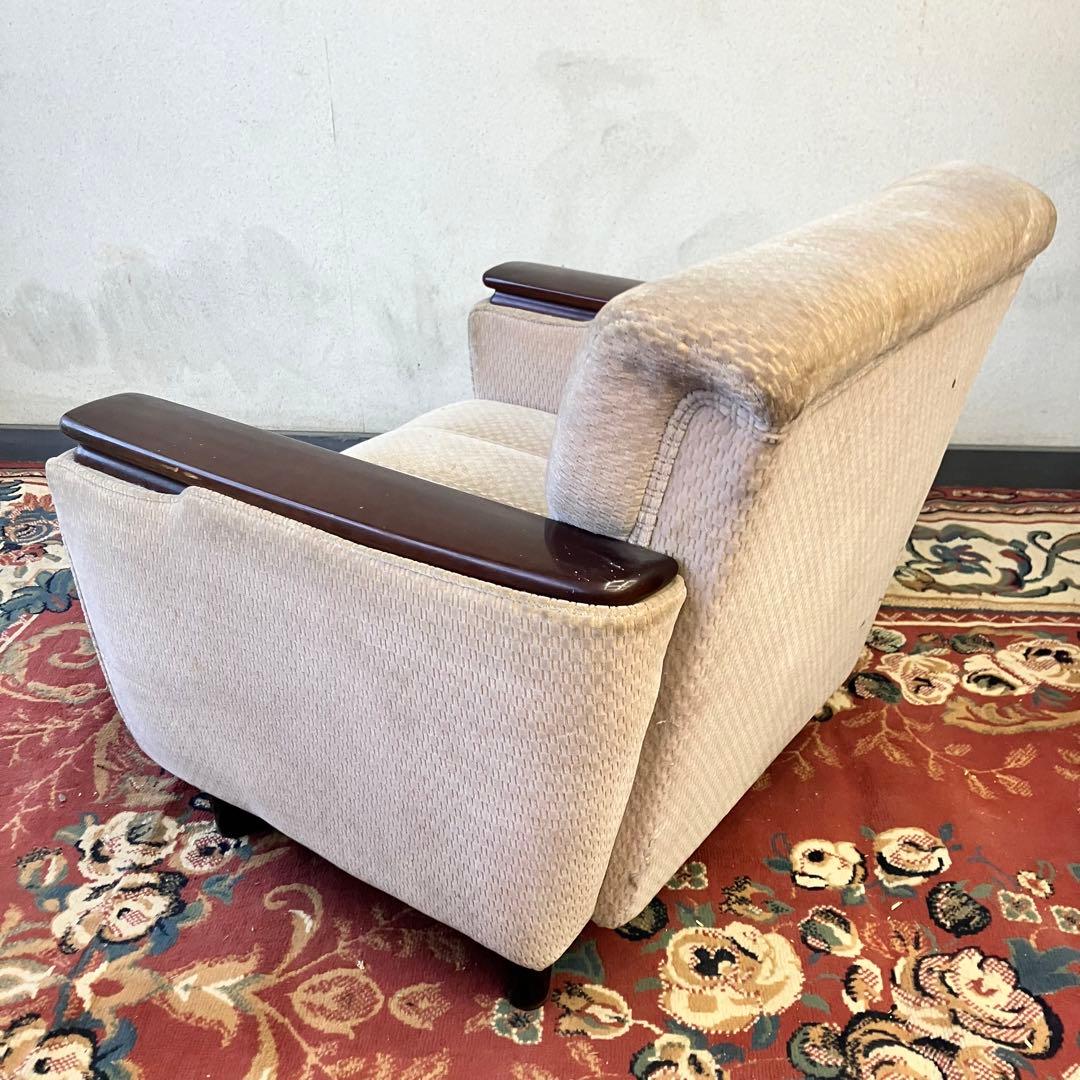 ① 昭和レトロ 馬場家具 木製フレーム アームチェア 1人掛けベロアソファー