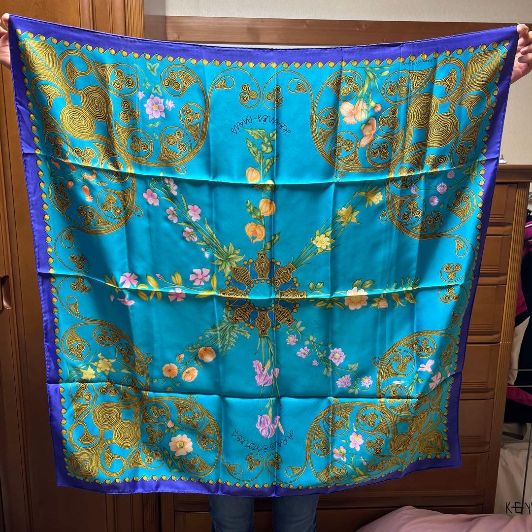 ターコイズ花柄シルクスカーフ