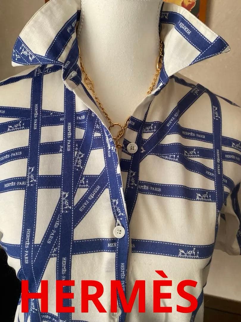 HERMÈS エルメス人気のリボン柄ボルデュックシャツ ブルーホワイト/ブルー