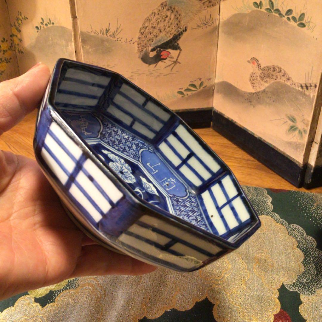 A363 古伊万里　染付　見込白抜白鷺に蓮　八角算木紋様　鉢　5客