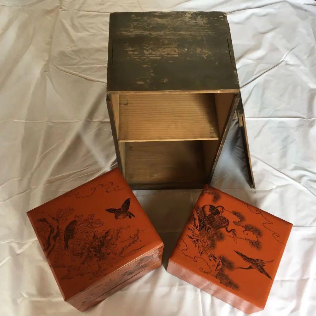 0160　重箱 五重 能州輪島浅朱黒城内梨地花鳥繪