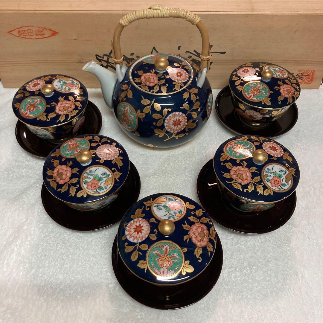 【未使用】　有田焼　清右エ門作　古伊万里金彩　蓋付吸出揃　急須•湯呑み•茶托