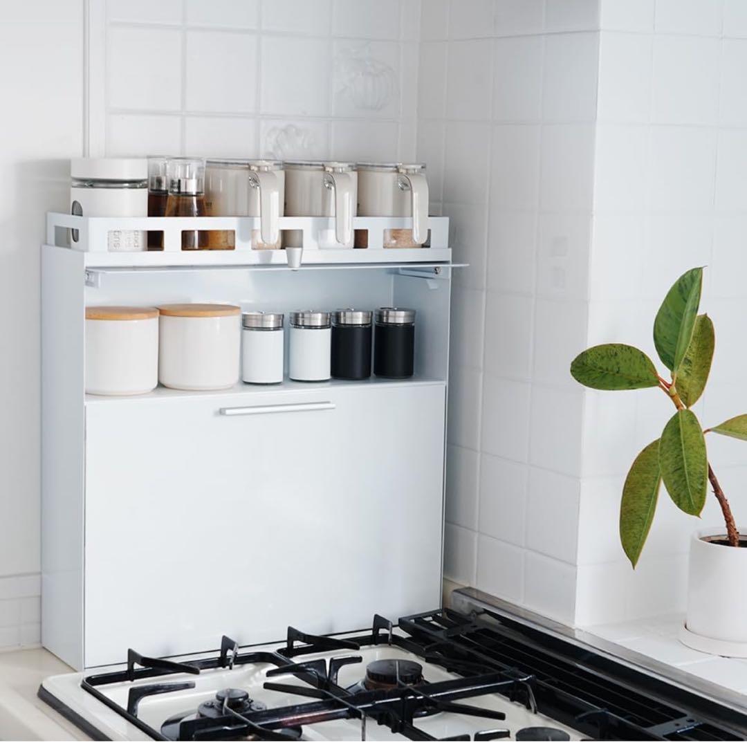 隠せる調味料ラック 前が開く おしゃれ上部ラック移動可能 完成品 (ホワイト)