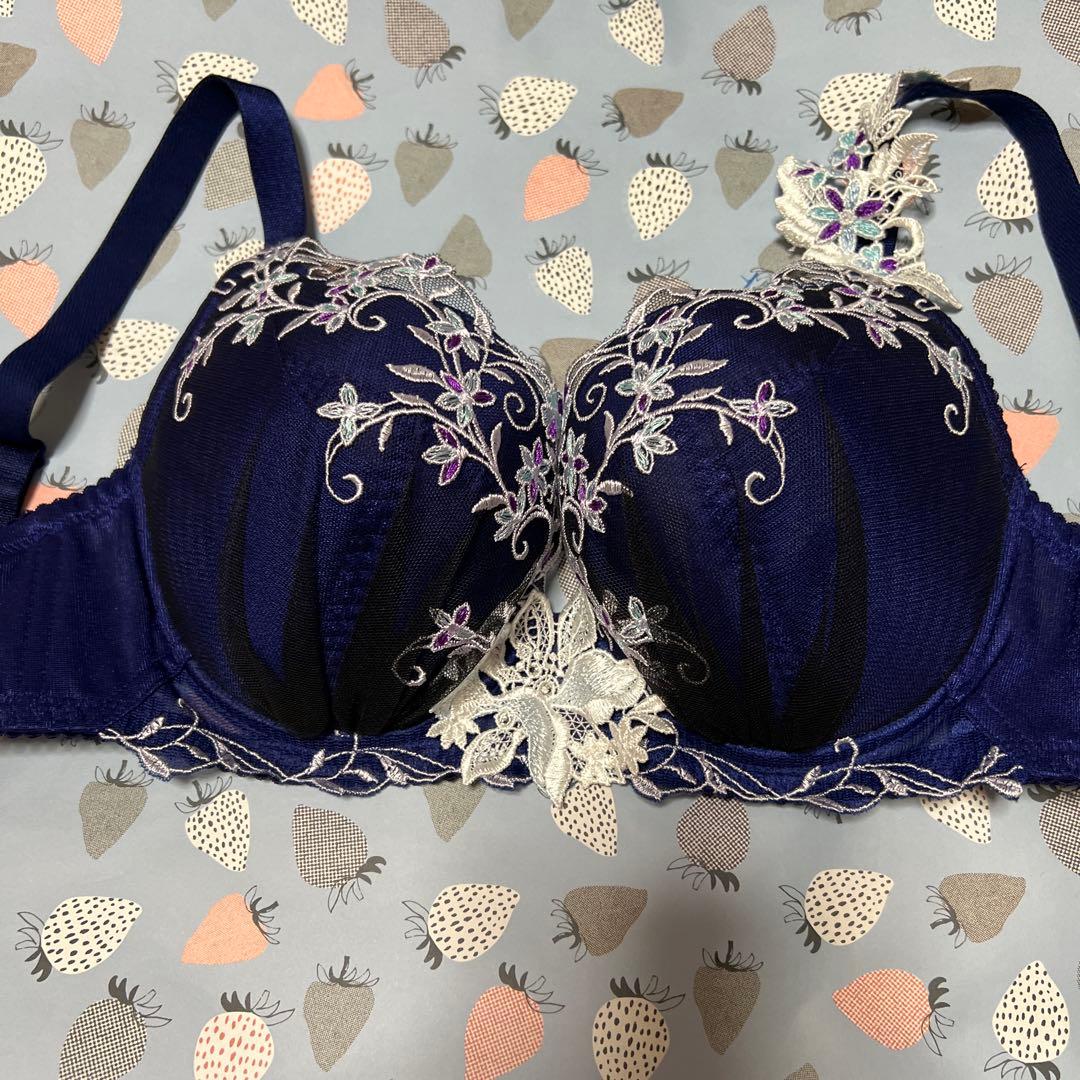 ネイビー刺繍、赤色、ブラジャーショーツセット G65