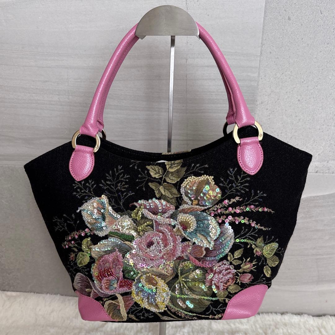 【美品】シンクビー トートバッグ ゴブラン織り 刺繍 スパンコール 花柄 レザー
