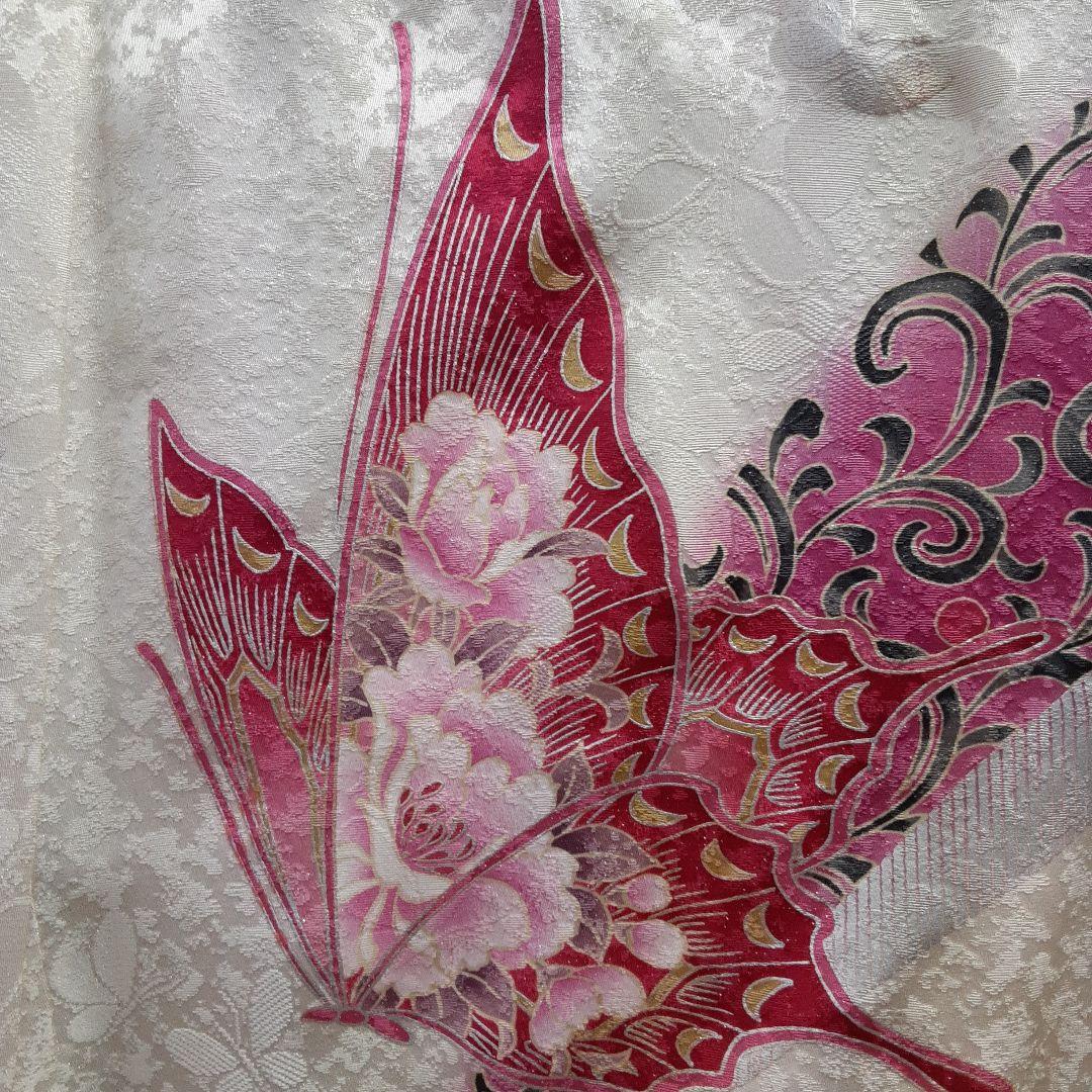 820正絹振袖 白 蝶模様160cm~