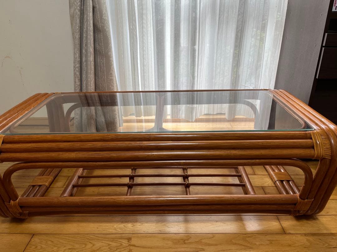 籐　ラタン　センターテーブル（ガラス天板）