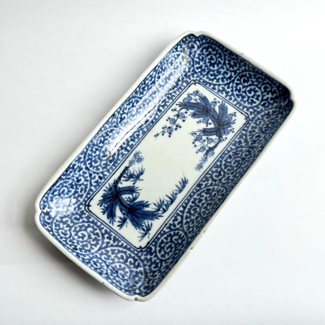 江戸中期　古伊万里　奇玉宝鼎之珍　染付　松竹梅　蛸唐草文　長皿