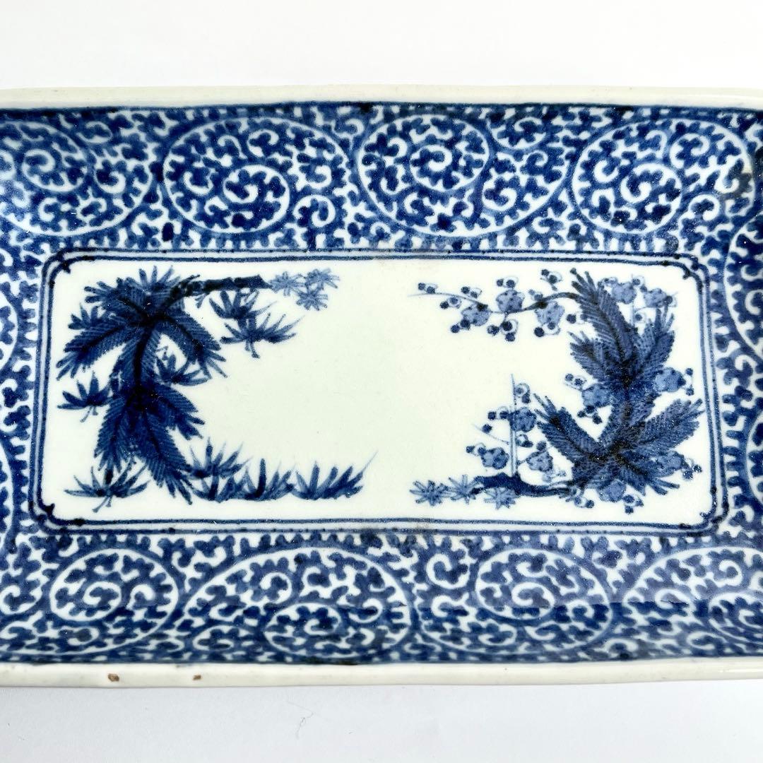 江戸中期　古伊万里　奇玉宝鼎之珍　染付　松竹梅　蛸唐草文　長皿