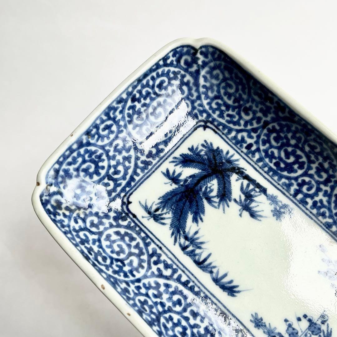 江戸中期　古伊万里　奇玉宝鼎之珍　染付　松竹梅　蛸唐草文　長皿