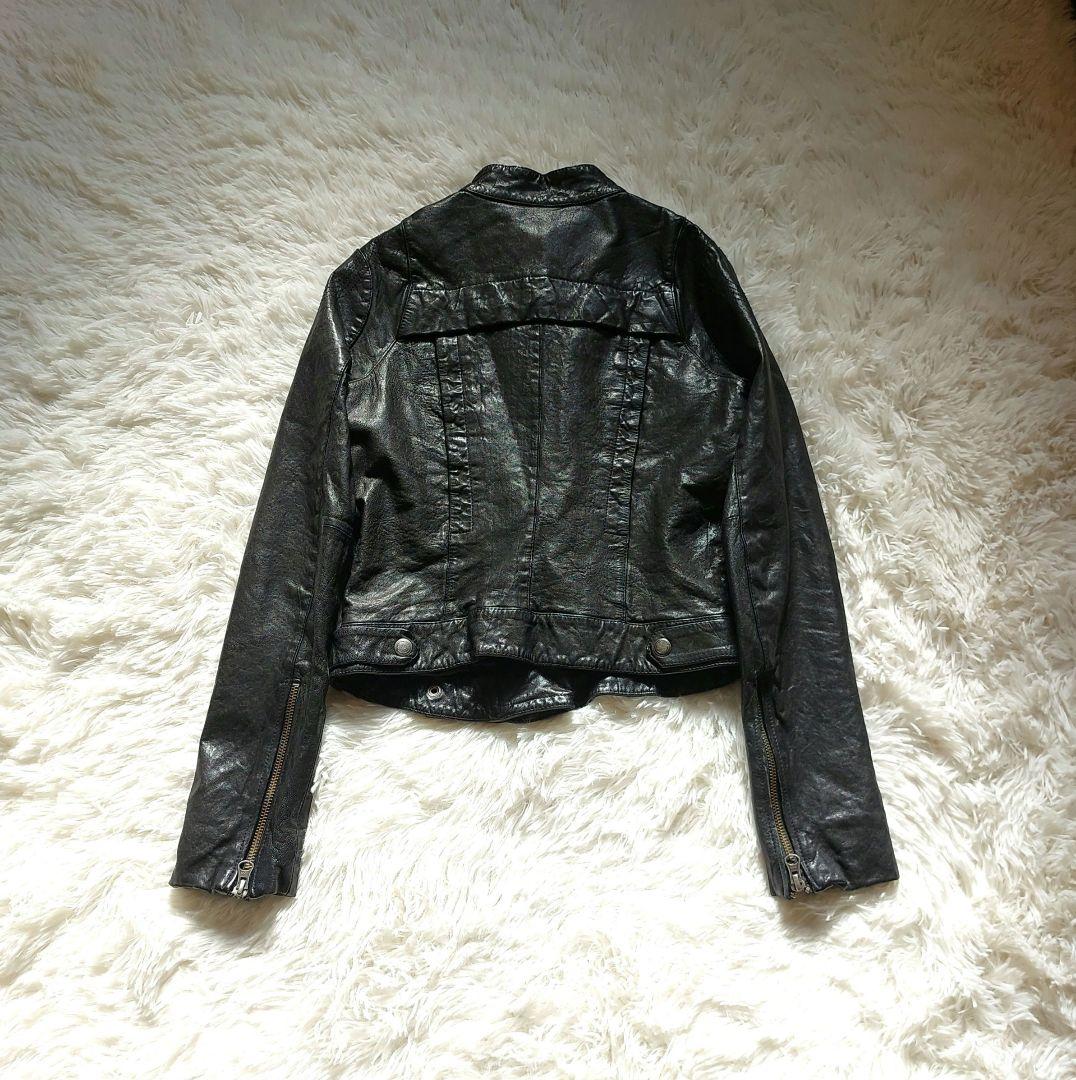 ラムレザー Loungedress ダブルライダースジャケット クロップド丈 黒