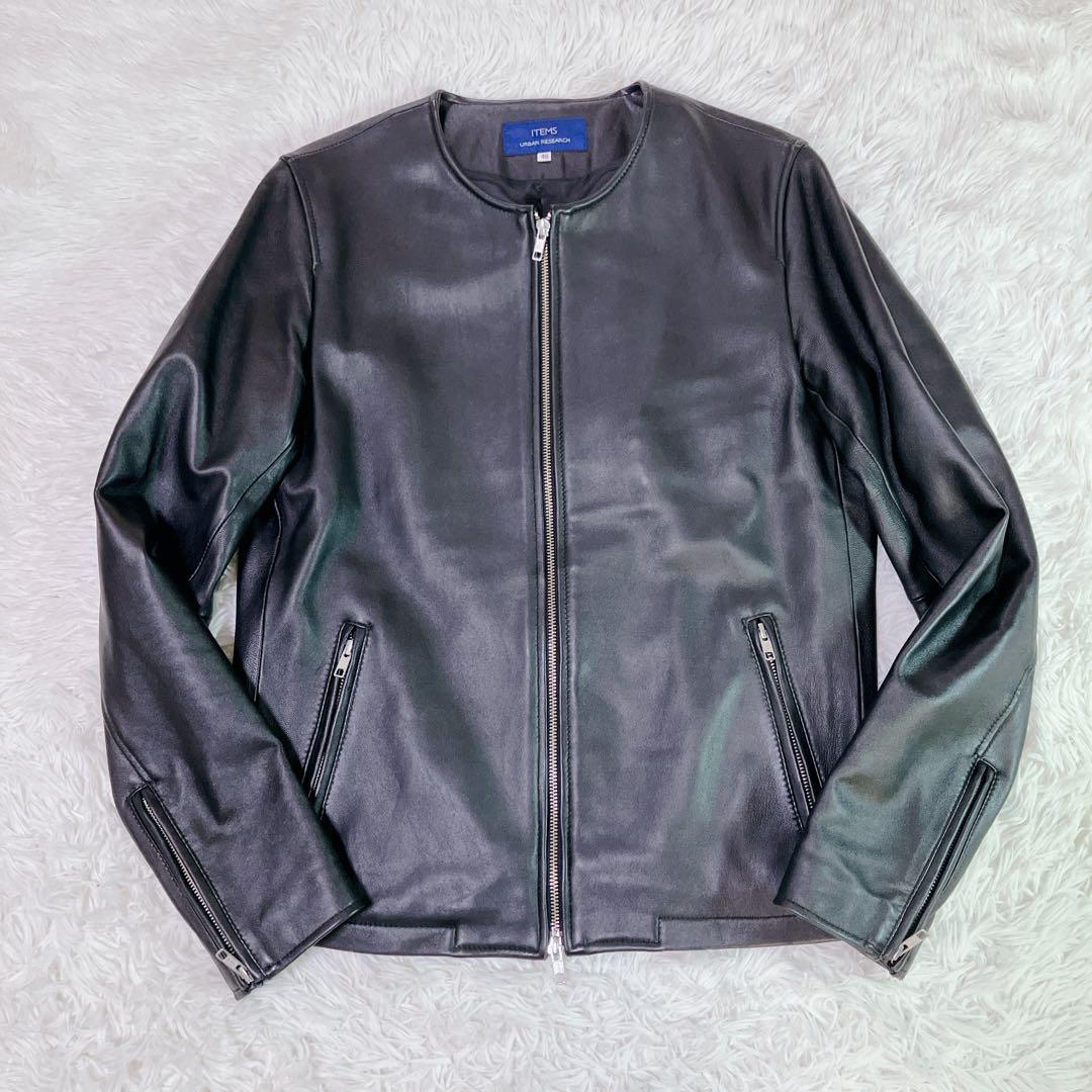 アーバンリサーチ アイテムズ　ラムレザージャケット　ノーカラー　シングル　黒　L