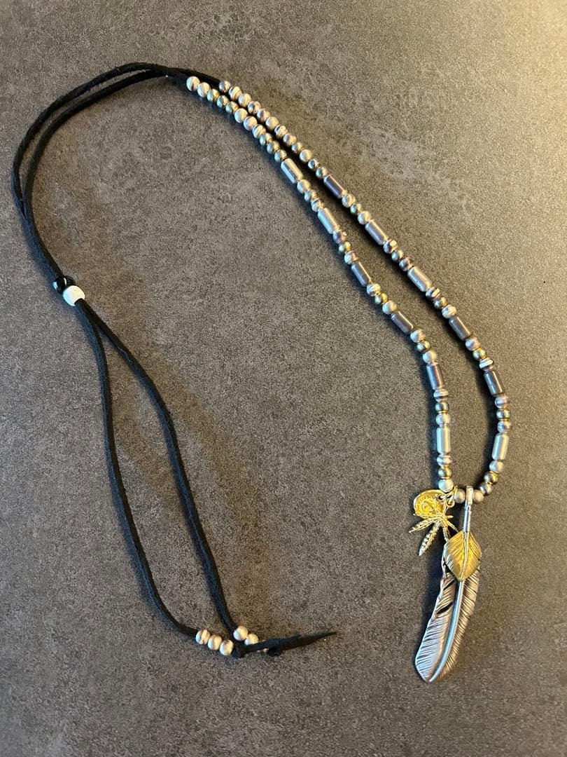 パイプビーズ一連 上金 ハート 特大 フェザー 全金メタル グラス ネックレス