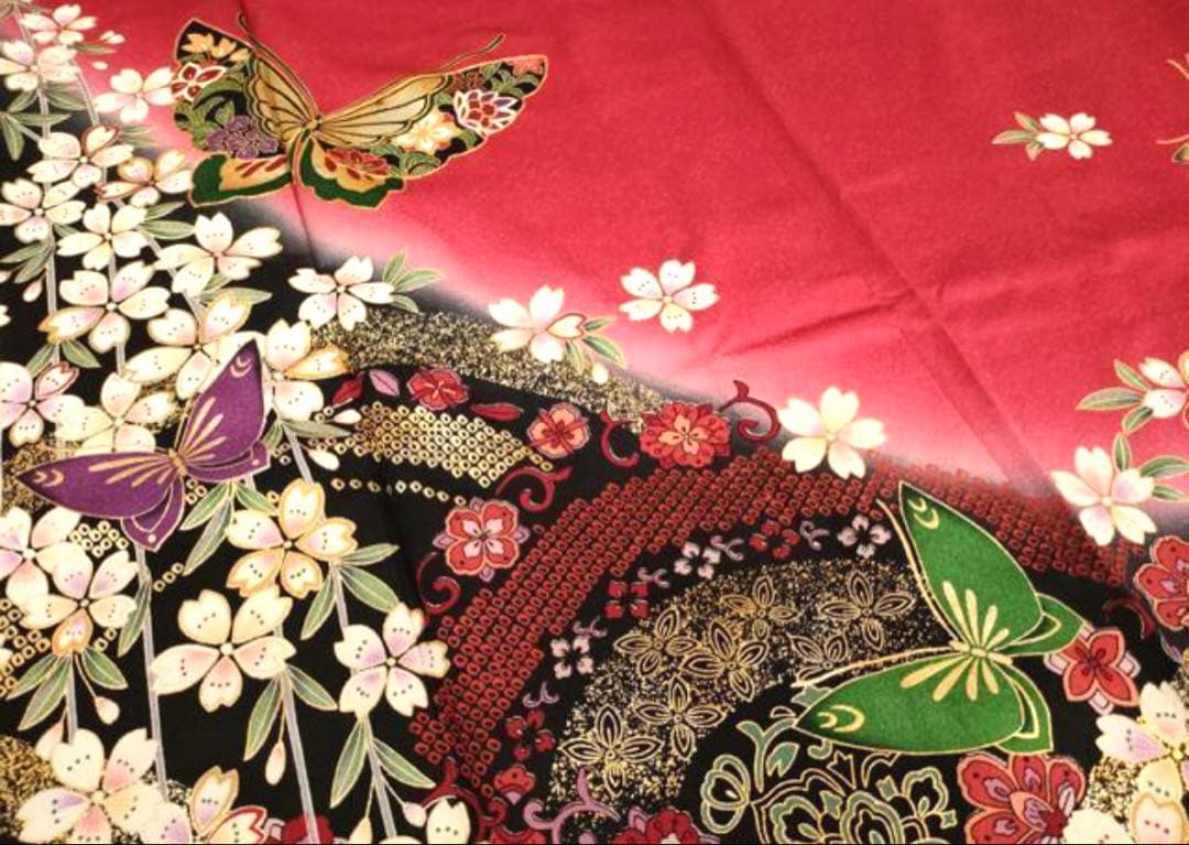振袖フルセット6点M〜Lサイズ振袖 蝶と花の刺繍　正絹　送料込み