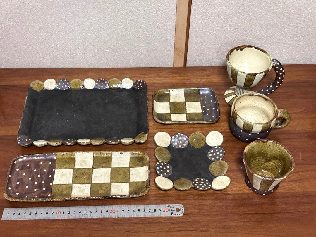 未使用あり阿部誠　大皿小中皿長皿マグカップゴブレットカップ笠間焼き7点セット