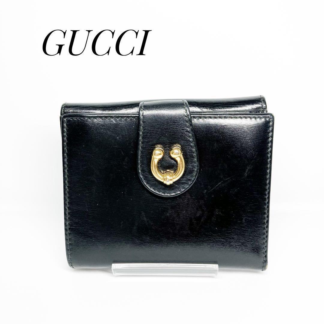 希少 オールドグッチ 財布 二つ折り財布 ヴィンテージ ブラック ゴールド