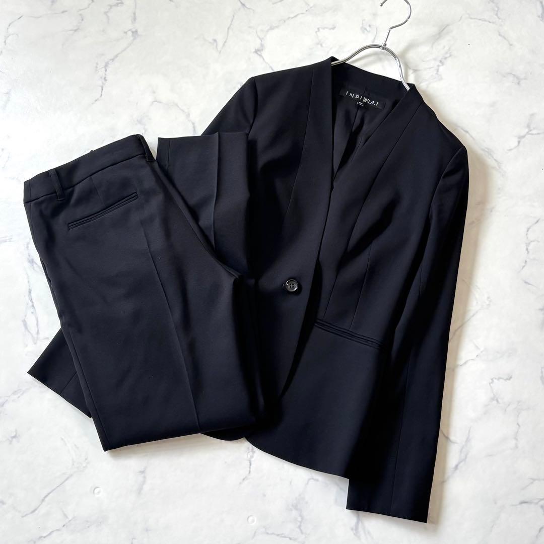 【美品】 INDIVI ウール ノーカラージャケット パンツ セットアップ