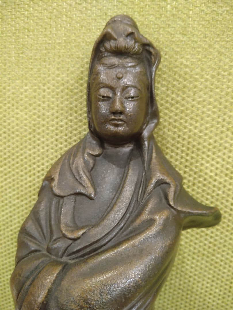 備前焼の 観音像 立像A15、№005、古い備前焼の観音様、希少品、アンティーク
