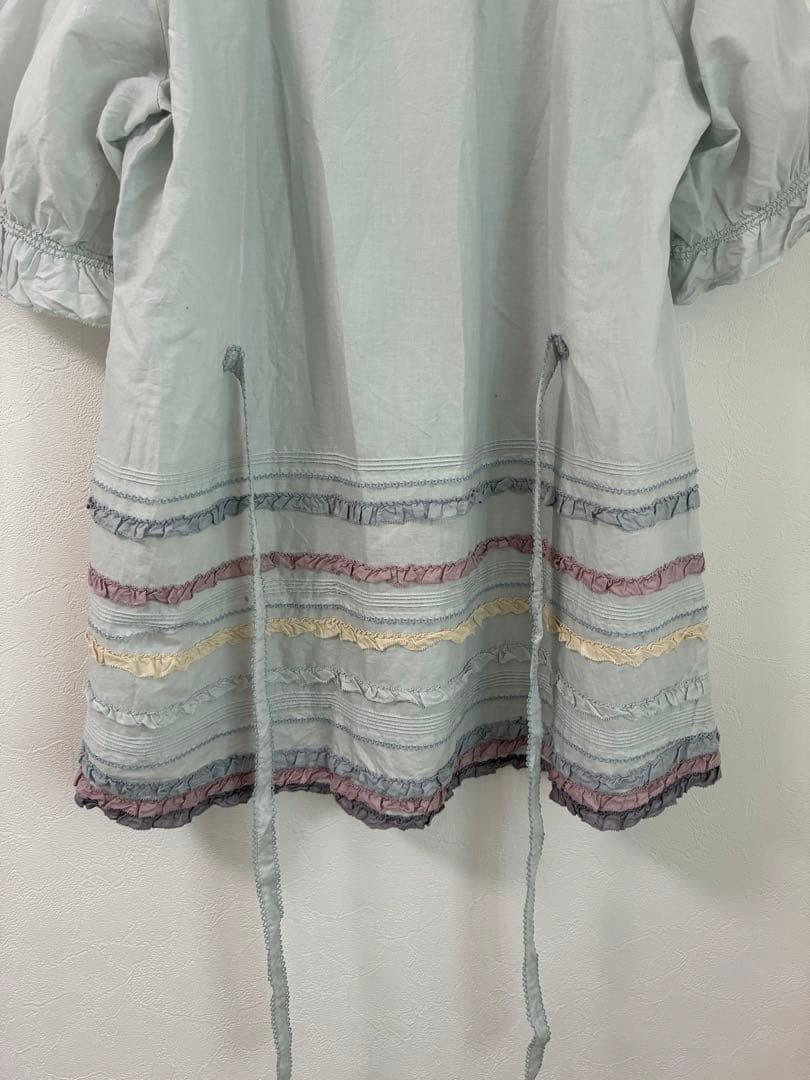 PINK HOUSE スクエアネック フリル ブラウス ライトブルー 半袖シャツ